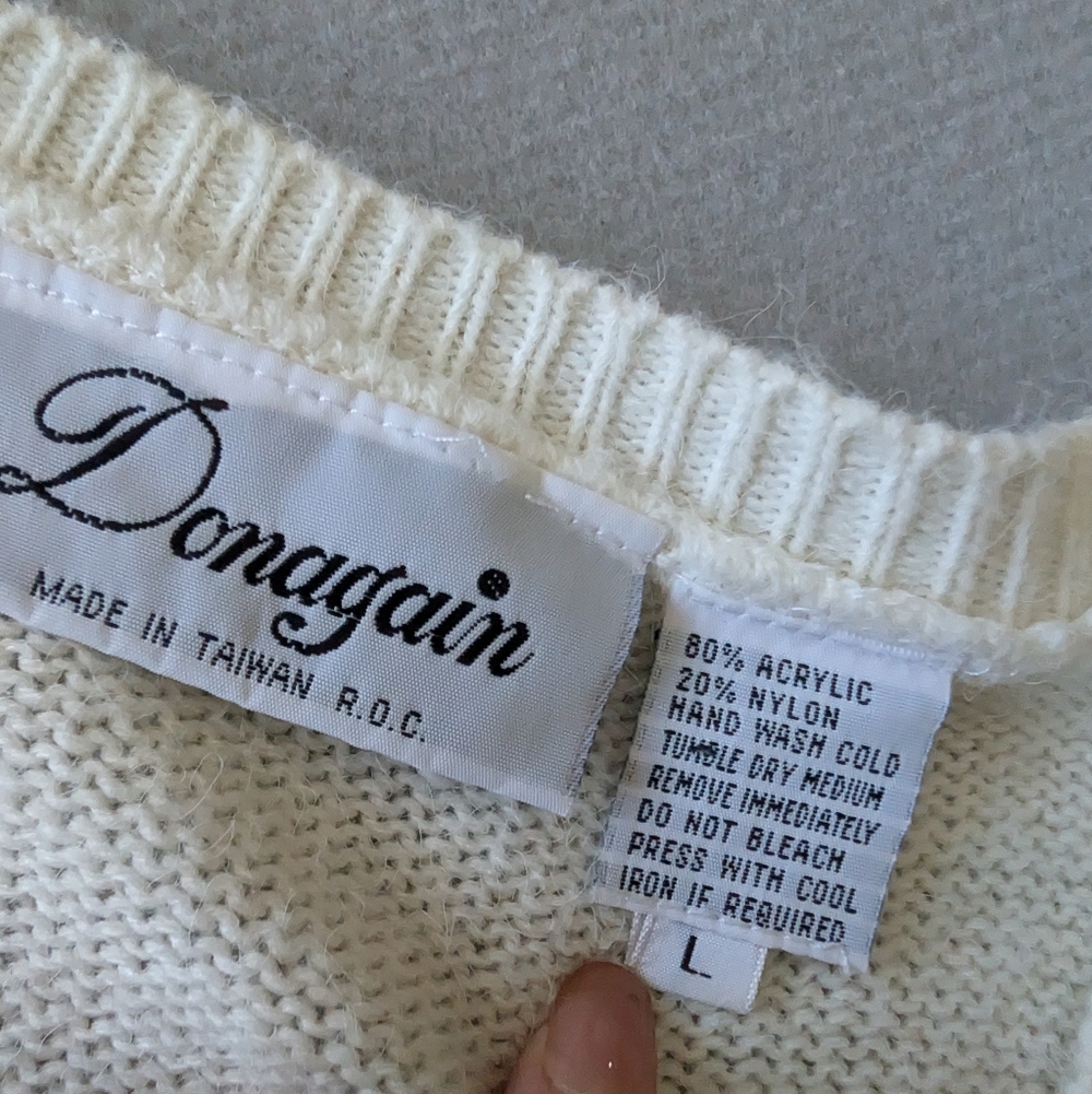 Vintage 80s Donagain Pearl Beaded Wrap Sweater Knitwear Retro Cream Black Knit L image 6